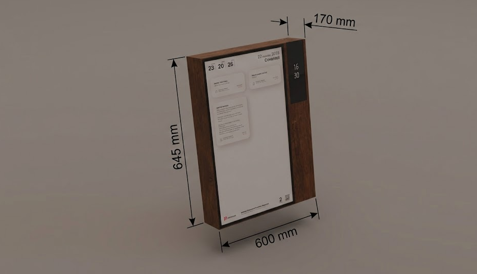 Rysunek poglądowy mTablicy z wymiarami 645 mm (wysokość), 600 mm (szerokość) i 170 mm (głębokość)